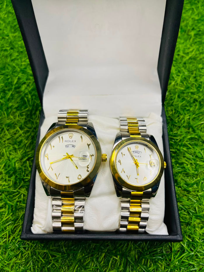 Premium Couple Watch Set – Silver & Gold